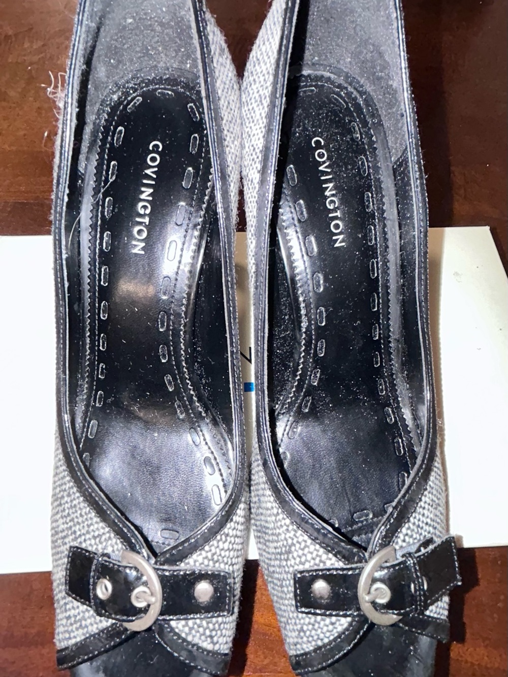 Covington Black and Gray Tweed Peep-Toe Heels with Buckle